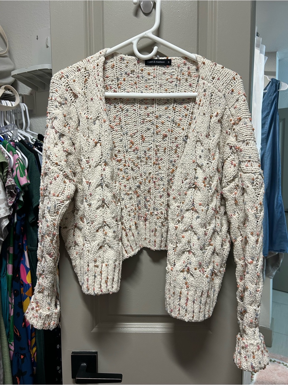 Cream Speckled Cable-Knit Open Cardigan